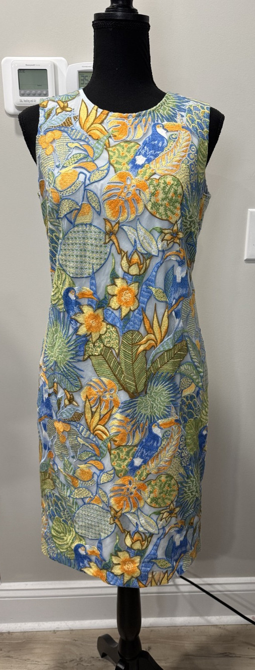 J. McLaughlin Embroidered Tropical Bird Floral Sheath Dress Size 2 Resort Garden